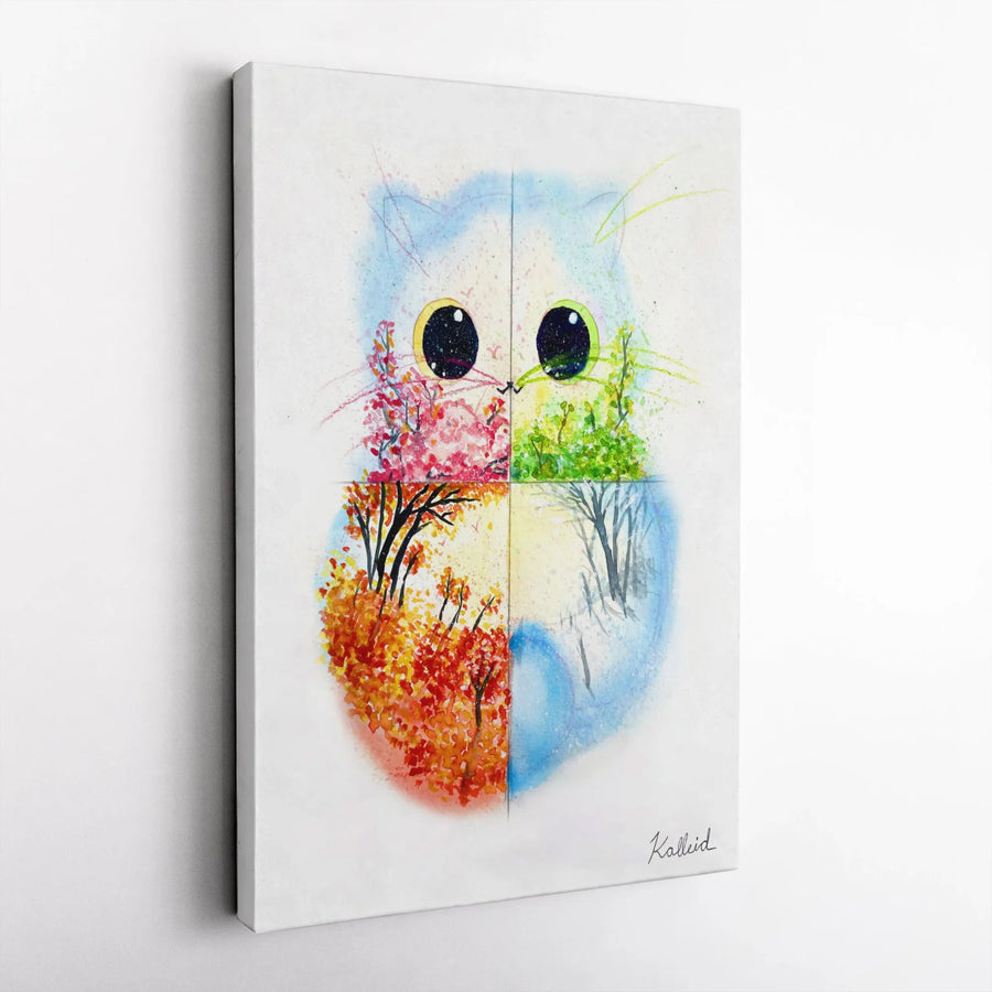 Four Seasons Cat Canvas Wall Art | Whimsical Watercolor Animal Portrait | Premium Gallery-Wrapped Print | Home Decor Gift for Cat Lovers