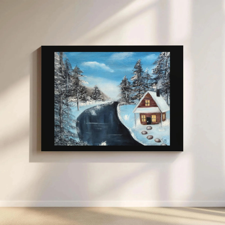 Winter Cabin Canvas Print | Snowy Landscape River Scene Wall Art | Gallery Wrapped Premium Canvas | Cozy Seasonal Home Decor Gift