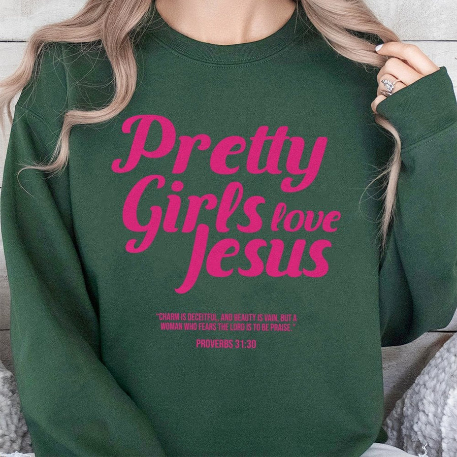 Pretty Girls Love Jesus Sweatshirt | Proverbs 31:30 Aesthetic Quote | Premium Cotton Blend | Christian Faith Apparel Gift For Women