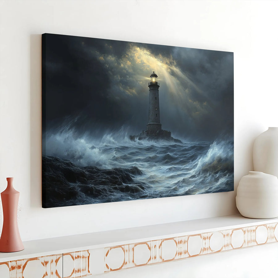 Lighthouse Canvas Wall Art | Moody Stormy Ocean Seascape | Premium Gallery Wrap Decor | Nautical Home Office Gift for Sea Lovers