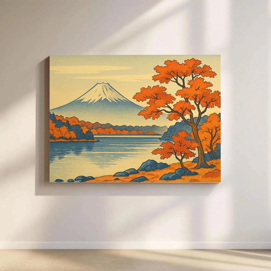 Mount Fuji Canvas Wall Art | Japanese Ukiyo-E Autumn Landscape | Premium Gallery Wrap Print | Zen Home Office Decor Gift