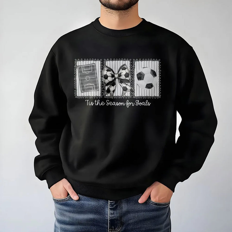 Tis The Season For Goals Sweatshirt | Coquette Soccer Bow Graphic | Premium Cotton Blend | Gift For Soccer Mom And Game Day Apparel