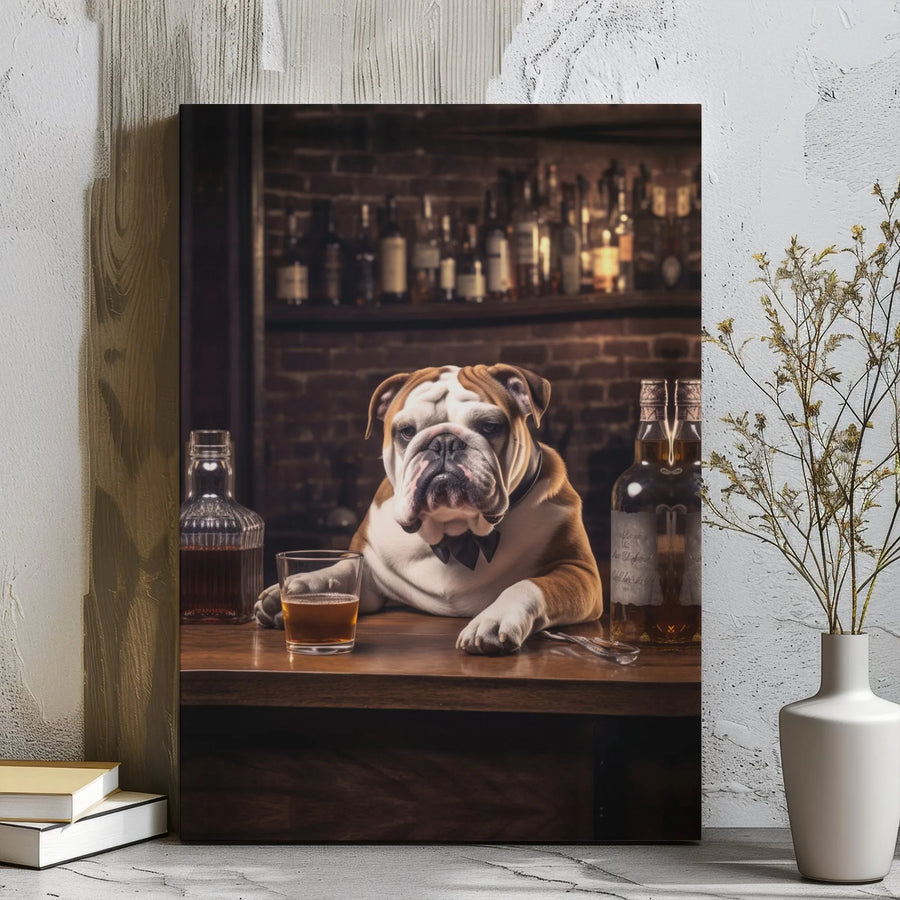 English Bulldog Whiskey Bar Canvas | Dapper Dog in Bow Tie Wall Art | Premium Gallery Wrap Decor | Unique Gift for Dog Lovers