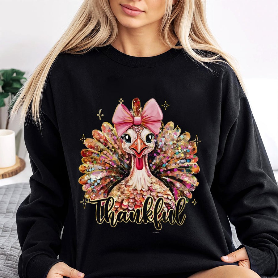 Thankful Turkey Sweatshirt | Coquette Aesthetic with Pink Bow | Premium Cotton Blend | Cute Thanksgiving Gift for Women and Girls