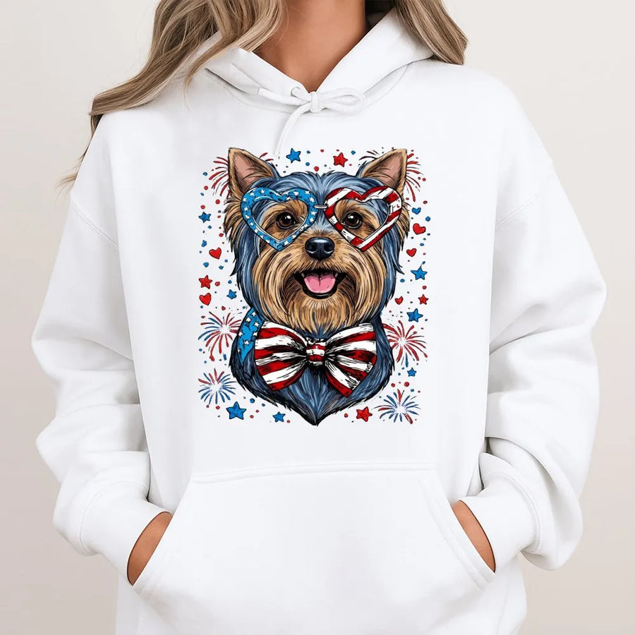 Patriotic Yorkie Hoodie | USA Flag Sunglasses & Fireworks | Premium Cotton Blend | 4th of July Dog Lover Gift