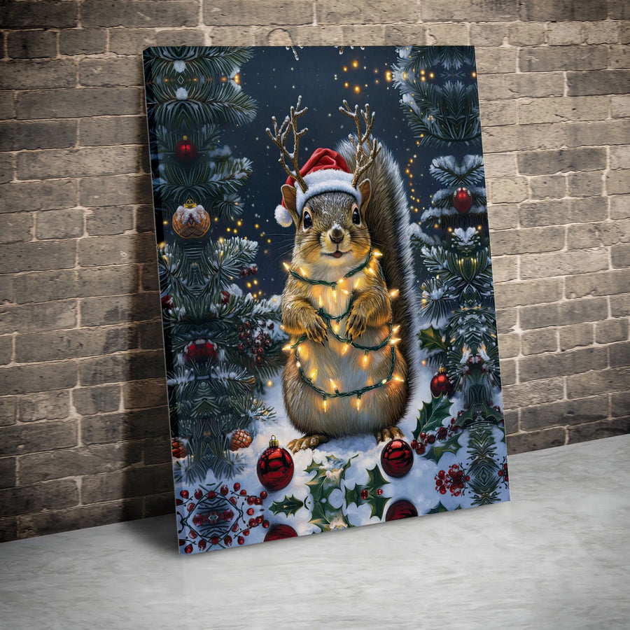Christmas Squirrel Wall Art | Cute Reindeer Antler Animal Portrait | Premium Gallery Wrapped Canvas | Festive Holiday Home Decor Gift