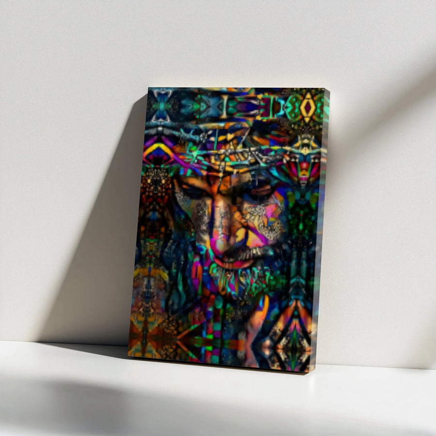 Jesus Canvas Wall Art | Psychedelic Crown Of Thorns Portrait | Premium Gallery Wrap Print | Modern Christian Home Decor Gift