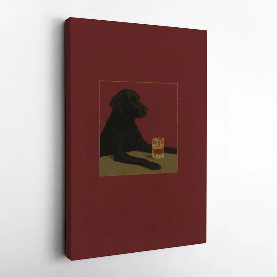 Black Labrador Whiskey Canvas Art | Sophisticated Dog Drinking Bourbon Print | Premium Gallery Wrap Wall Decor | Unique Gift For Dog Lovers & Whiskey Drinkers