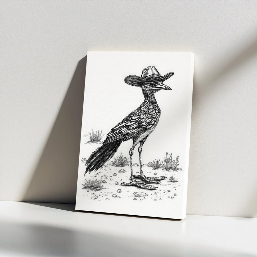 Roadrunner Wall Art | Cowboy Hat Bird Sketch | Premium Gallery Wrapped Canvas | Western Desert Decor Gift for Nature Lovers