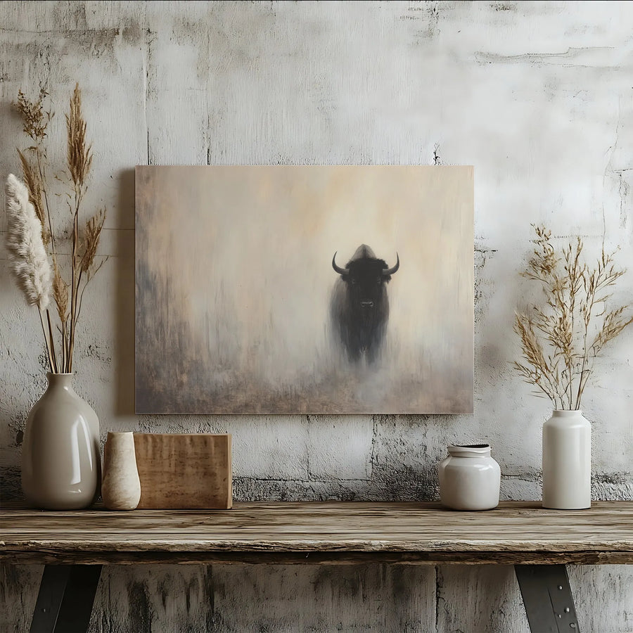 American Bison Canvas Art | Misty Wildlife Wall Decor | Premium 1.25" Gallery Wrap | Western Living Room Farmhouse Wall Hanging
