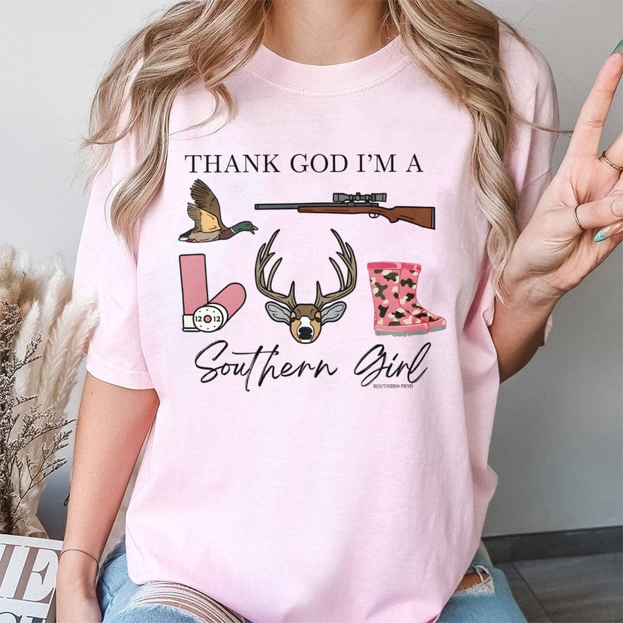 Thank God I'm A Southern Girl T-Shirt | Country Hunting Graphic Print | Premium 100% Cotton Tee | Gift for Cowgirls and Outdoorswomen