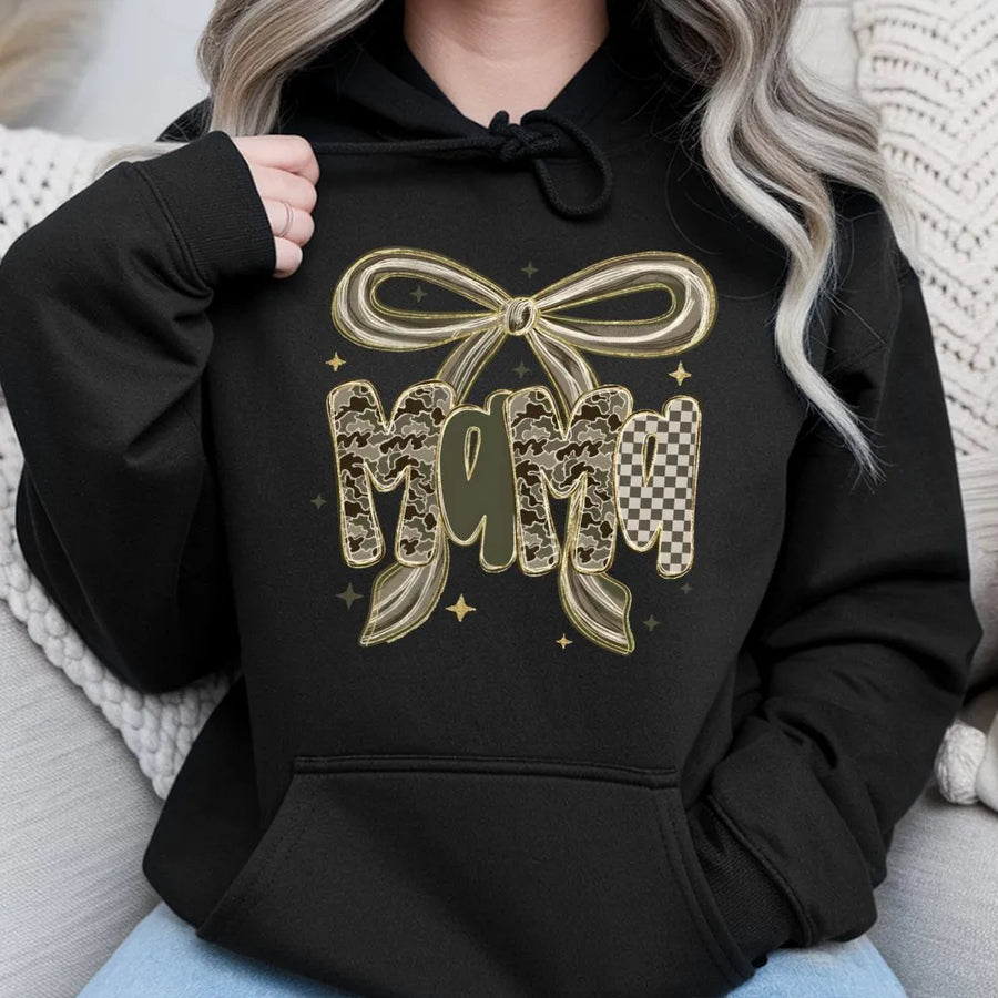Mama Camo Bow Hoodie | Coquette Western Checkered Print | Premium Cotton-Poly Blend | Stylish Gift for Hunting Moms and Western Style Lovers