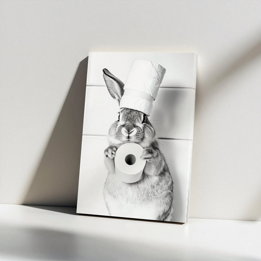 Funny Rabbit Bathroom Wall Art | Toilet Paper Hat Bunny Decor | Premium Gallery Wrapped Canvas | Whimsical Farmhouse Home Gift
