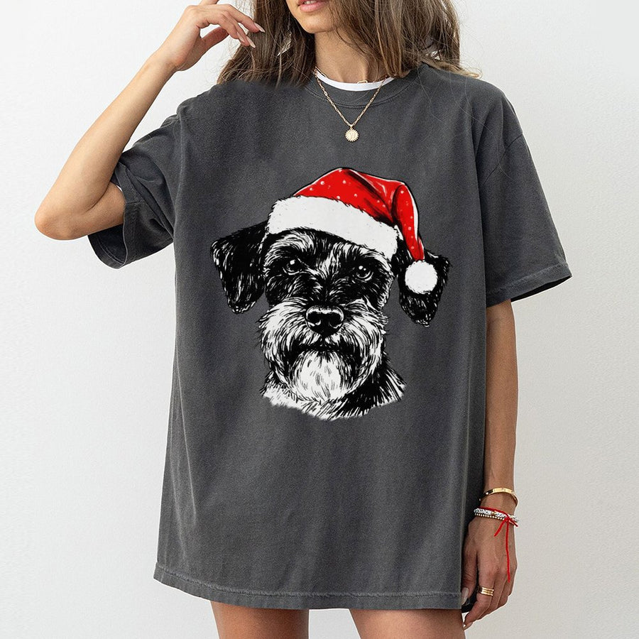 Schnauzer Christmas T-Shirt | Santa Hat Dog Graphic Print | Premium Soft Cotton Tee | Festive Holiday Gift for Dog Lovers