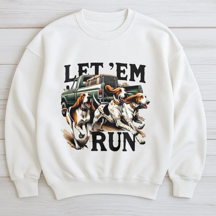 Hound Dog Hunting Sweatshirt | Let 'Em Run Pickup Truck Graphic | Premium Cotton Blend | Gift for Hunters and Outdoor Enthusiasts