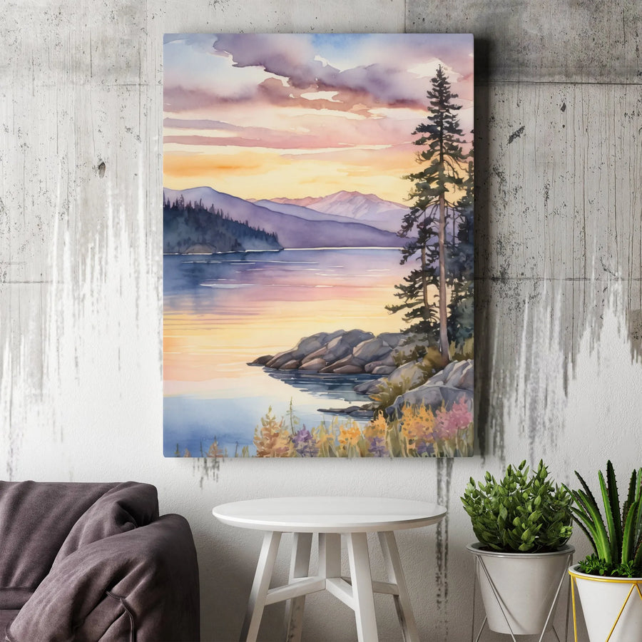 Mountain Lake Canvas Print | Watercolor Sunset Landscape with Pine Trees | Premium Gallery-Wrapped Wall Art | Nature Lover Home Decor Gift