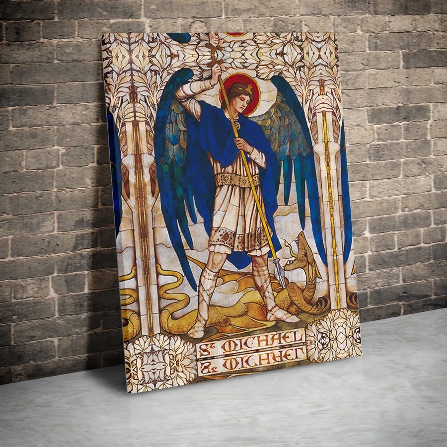 Saint Michael the Archangel Canvas Wall Art | Vintage Stained Glass Style | Premium Gallery Wrap Canvas | Catholic Home Decor Gift