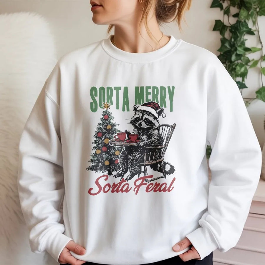 Sorta Merry Sorta Feral Raccoon Sweatshirt | Funny Christmas Holiday Graphic | Premium Cotton Blend | Gift For Animal Lovers And Humor Fans