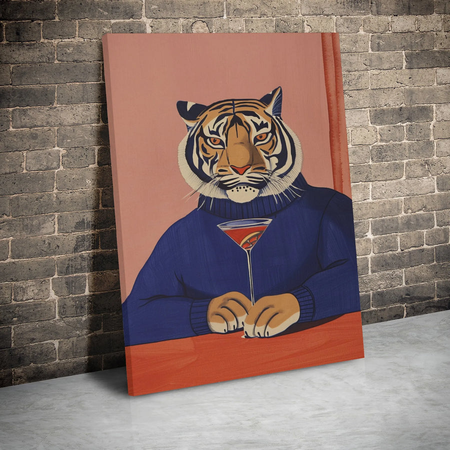 Tiger Canvas Wall Art | Dapper Tiger in Blue Turtleneck with Martini | Gallery Wrap Premium Print | Unique Modern Living Room Decor