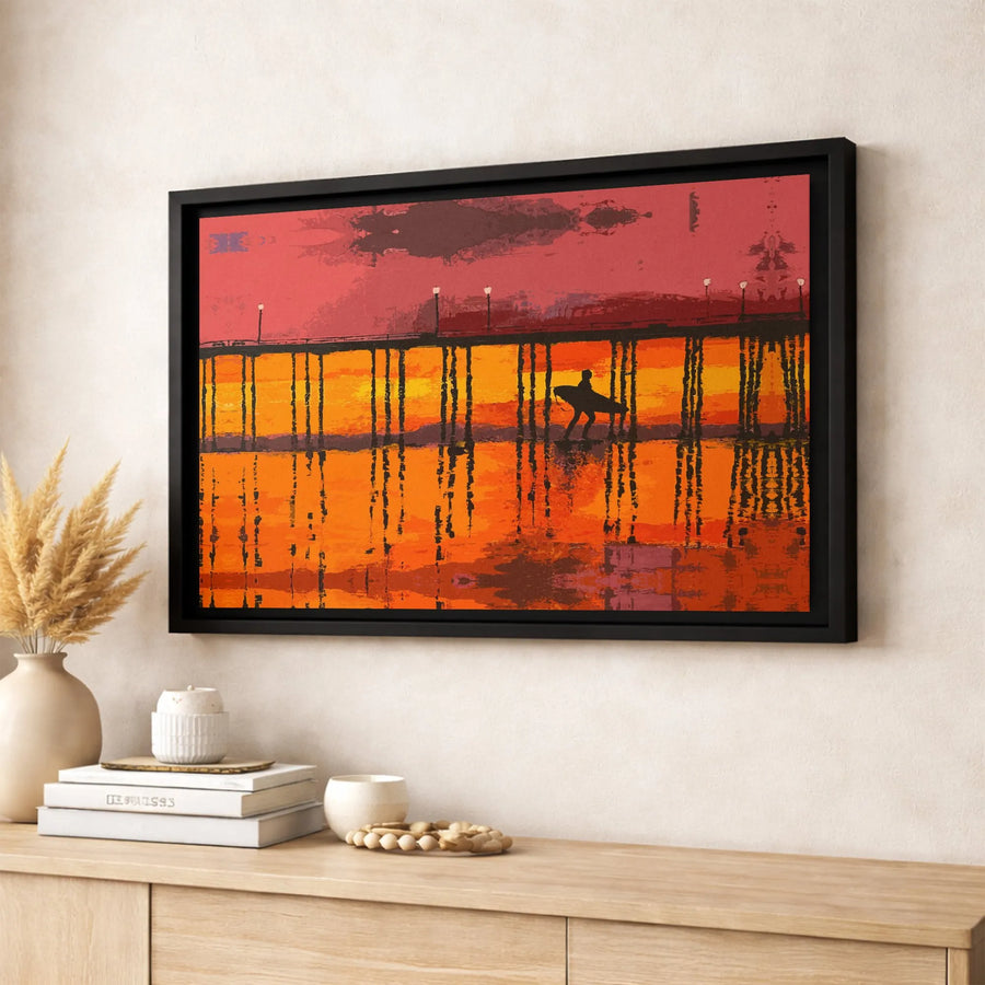 Surfer Silhouette Canvas Print | Coastal Pier Sunset Wall Art | Premium Gallery Wrapped 1.25" Profile | Tropical Beach Decor for Living Room