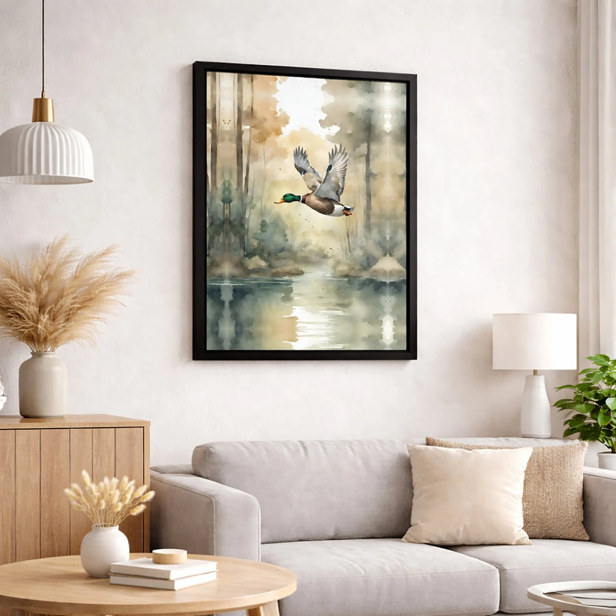 Mallard Duck Canvas Print | Misty Forest River Watercolor Art | 1.25 Inch Premium Gallery Wrap | Wildlife Home Decor Gift for Nature Lovers