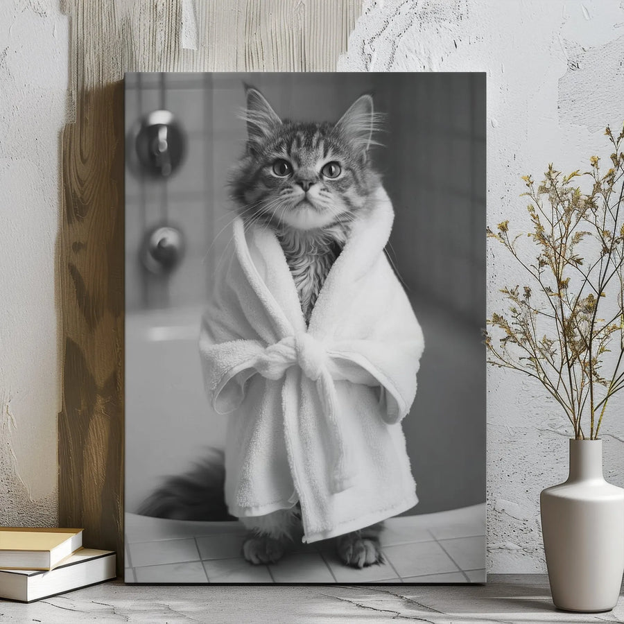 Funny Cat Canvas Wall Art | Bathroom Decor Portrait | Premium Gallery Wrap Print | Whimsical Animal Lover Gift