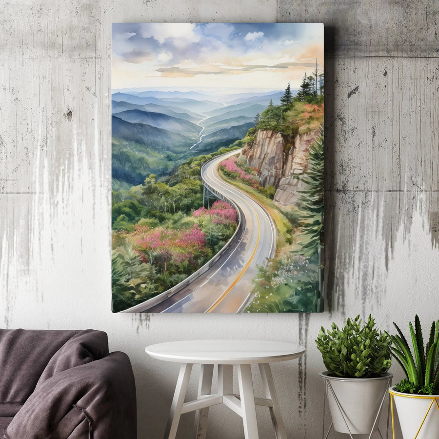 Blue Ridge Mountains Canvas Wall Art | Watercolor Winding Mountain Road Landscape | Gallery Quality Print | Nature Home Decor Gift for Travelers