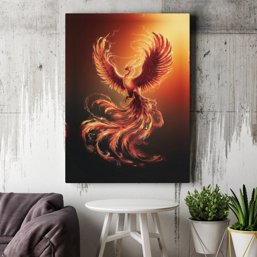 Fiery Phoenix Canvas Wall Art | Glowing Mythical Bird Illustration | Premium 1.25-Inch Gallery Wrap | Fantasy Decor for Home Office