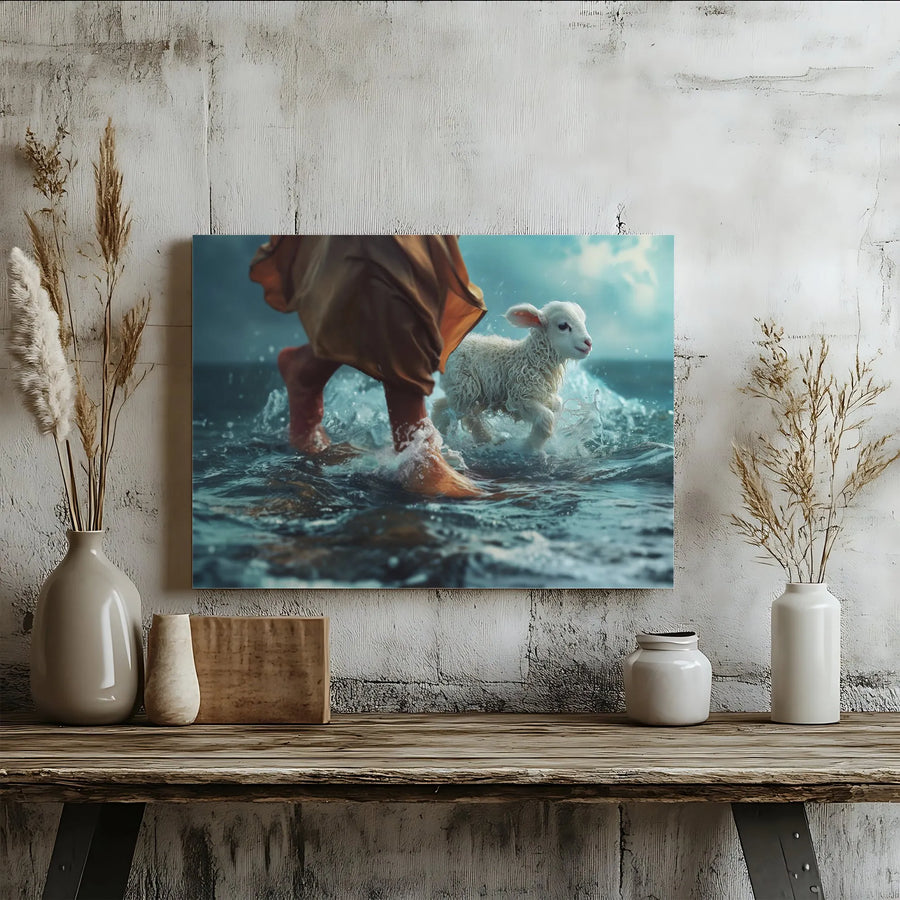 Jesus The Good Shepherd Canvas | Lamb Walking On Water Art | Premium Gallery Wrapped Wall Decor | Religious Christian Gift For Home