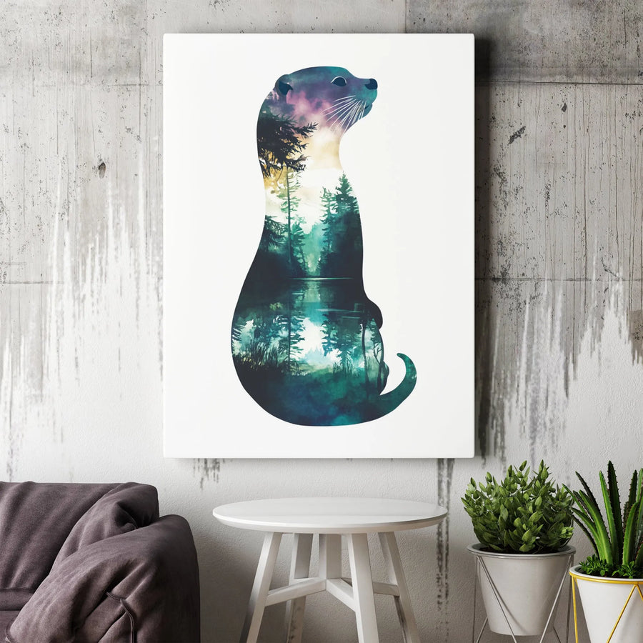Otter Wall Art Canvas | Double Exposure Forest Landscape Print | 1.25 Inch Gallery Wrap | Nature Lover Gift And Modern Home Decor