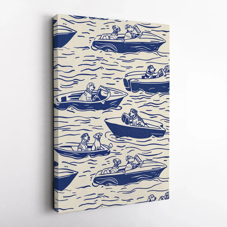 Dogs Driving Boats Canvas Art | Whimsical Navy Blue Nautical Pattern | 1.25 Inch Premium Gallery Wrap | Unique Dog Lover Home Decor Gift