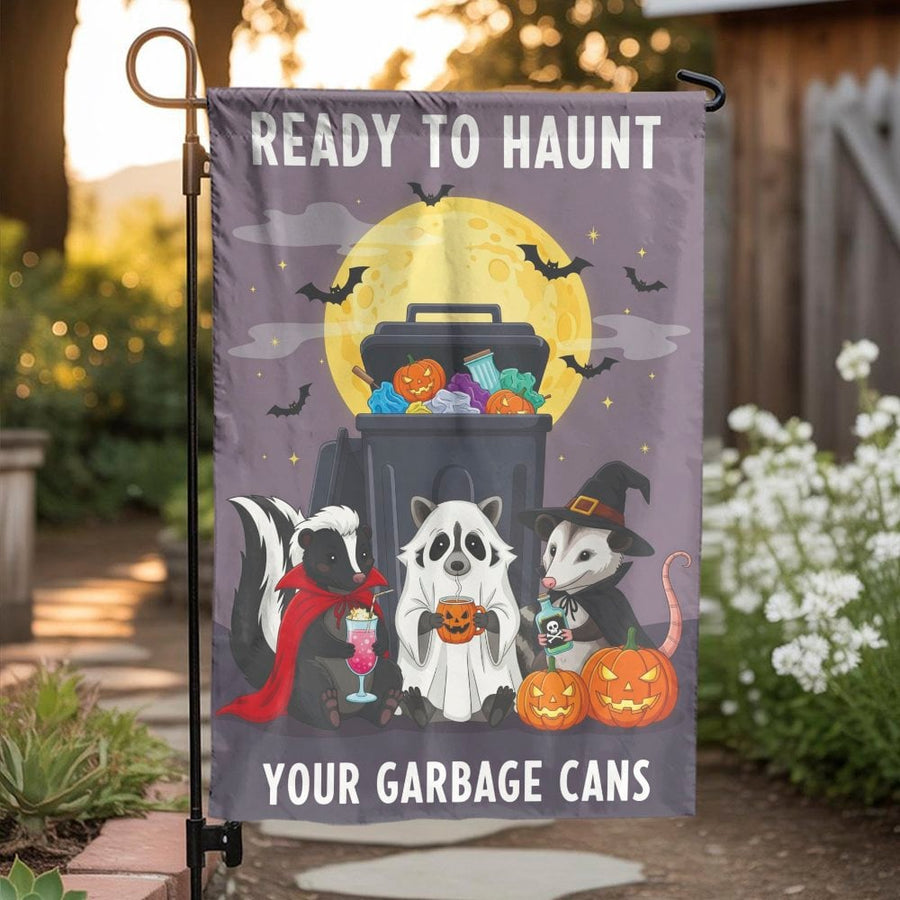 Funny Halloween Garden Flag | Ready To Haunt Your Garbage Cans Raccoon Opossum Design | Premium Weather-Resistant Polyester | Spooky Outdoor Yard Decor Gift