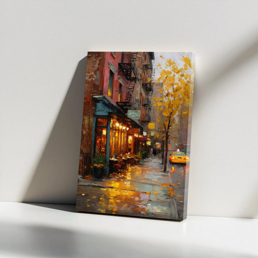 Autumn in New York Canvas Wall Art | Impressionist Rainy Street Cafe Painting | Premium Gallery Wrapped Print | Modern Urban Home Decor Gift