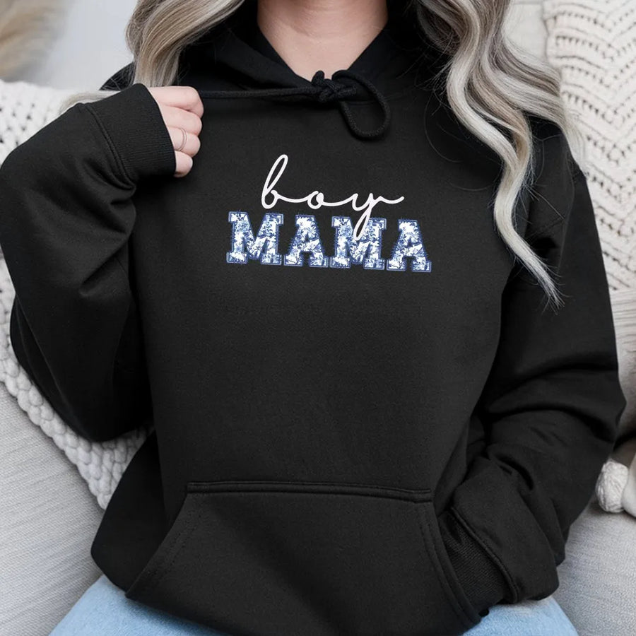Boy Mama Hoodie | Blue Toile Floral Print Graphic Tee | 100% Soft Cotton | New Mom Gift & Baby Shower Outfit