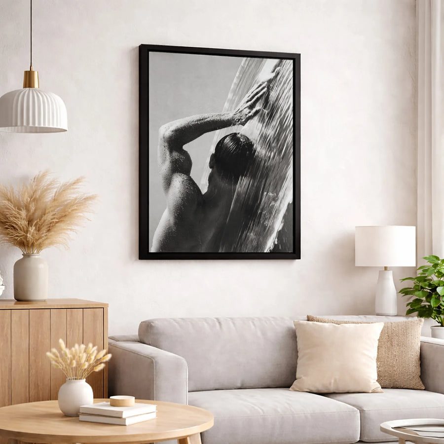 Muscular Man Showering Canvas Art | Black and White Fitness Photography | Premium Gallery-Wrapped Print | Masculine Bathroom Wall Decor