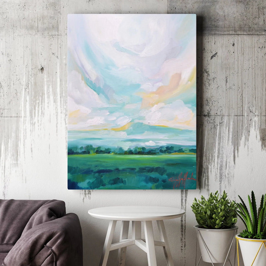 Abstract Landscape Vertical Canvas | Impressionist Green Meadow Painting | Premium Gallery Wrapped Canvas | Modern Farmhouse Wall Decor Gift