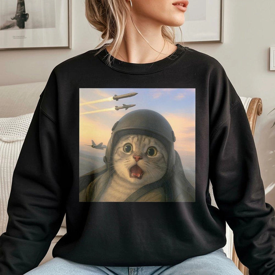 Pilot Cat Sweatshirt | Funny Fighter Jet Meme Graphic | Premium Soft Unisex Pullover | Unique Animal Lover Gift for Men and Women