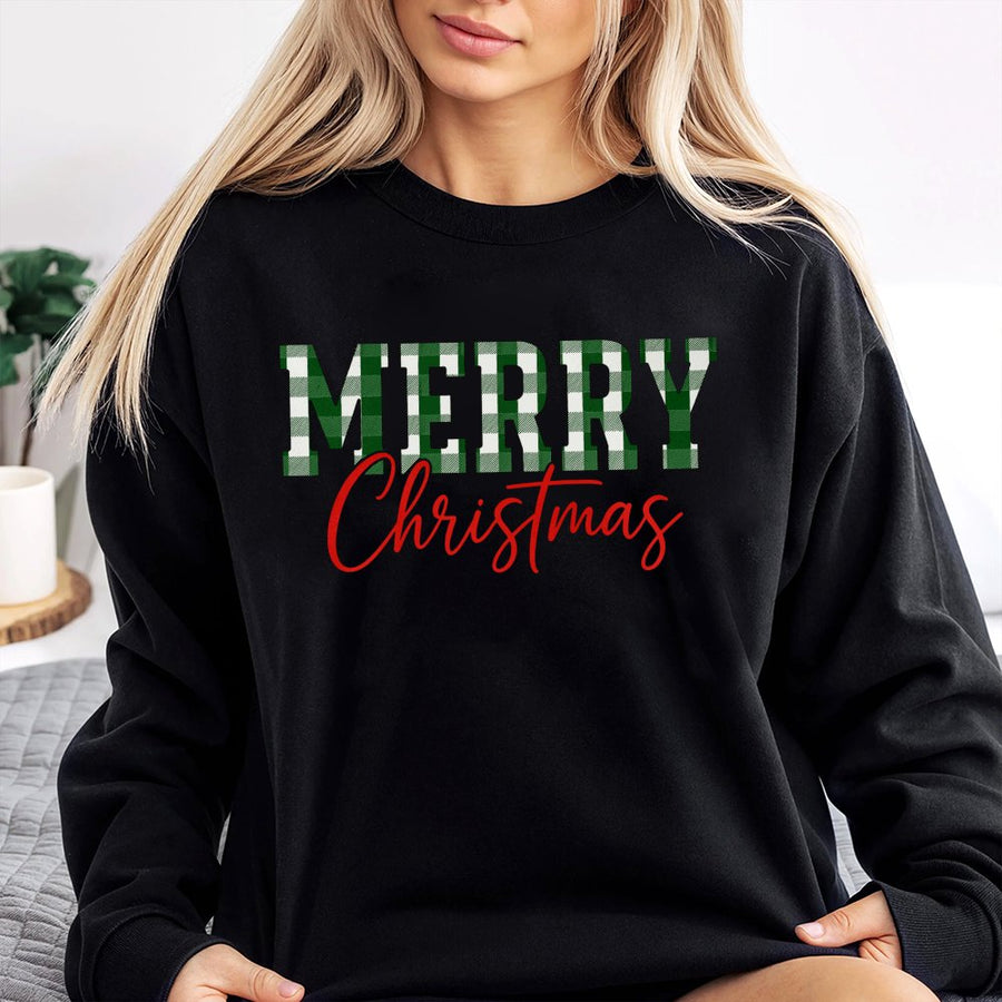 Merry Christmas Sweatshirt | Green Buffalo Plaid Typography Design | Soft Cotton-Poly Blend | Festive Holiday Gift for Women and Men