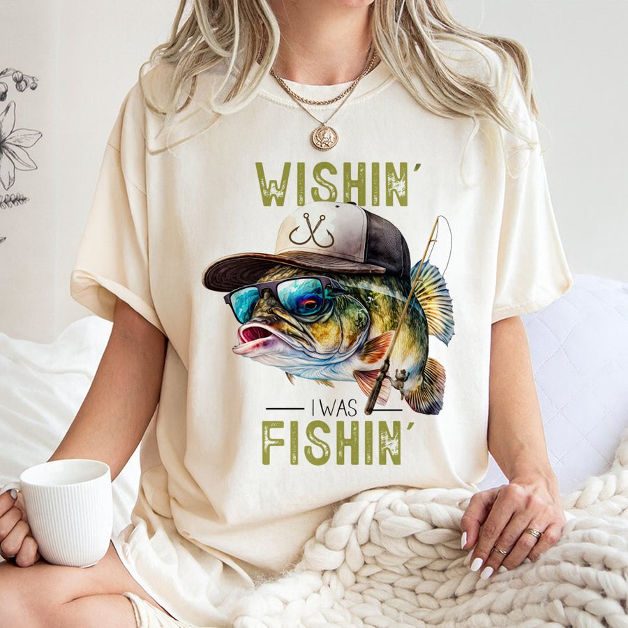 Wishin' I Was Fishin' T-Shirt | Cool Bass with Sunglasses Graphic | 100% Cotton Premium Unisex Tee | Funny Fishing Gift for Fisherman