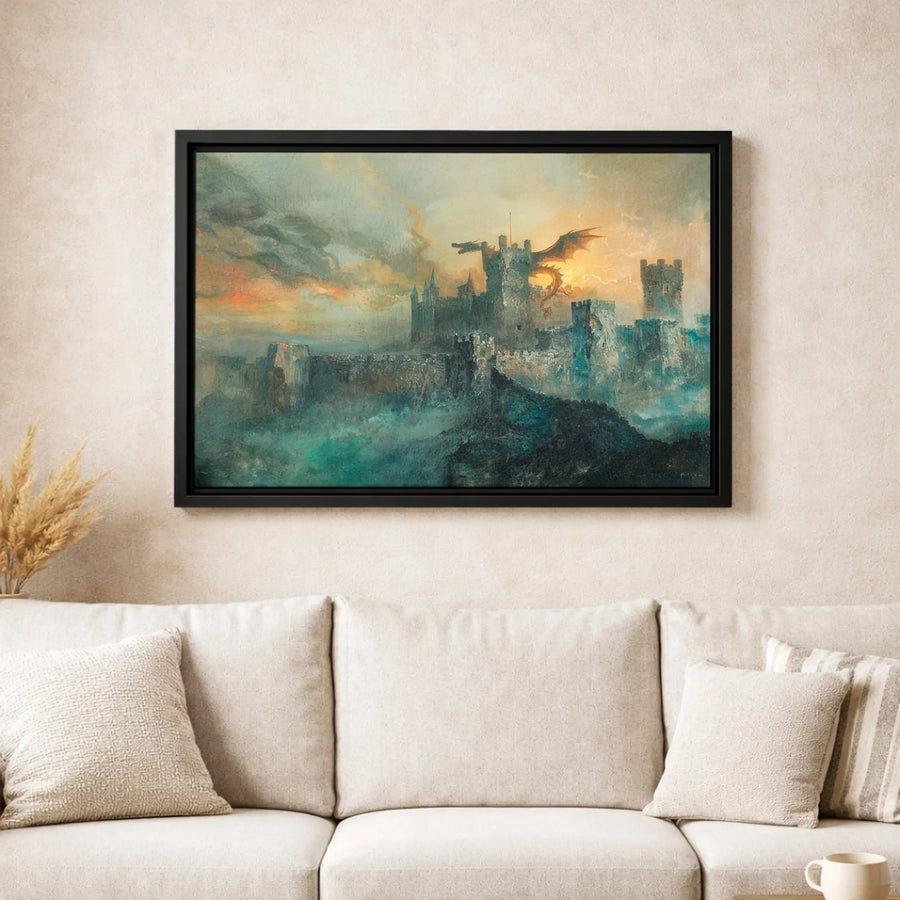 Dragon Wall Art Canvas | Medieval Castle Fantasy Landscape | 1.25 Inch Gallery Wrap Print | Premium Gothic Home Decor Gift