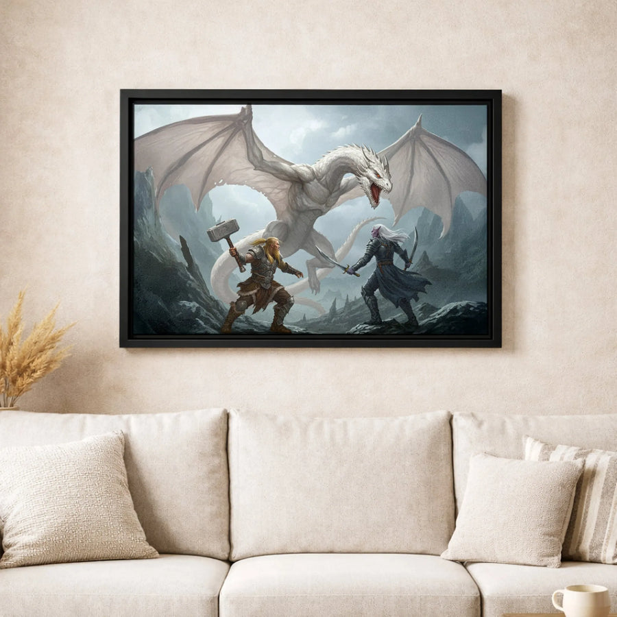 Fantasy Battle Wall Art | White Dragon vs Viking and Dark Elf | Premium 1.25-Inch Gallery Canvas | Epic Gaming Room Decor Gift
