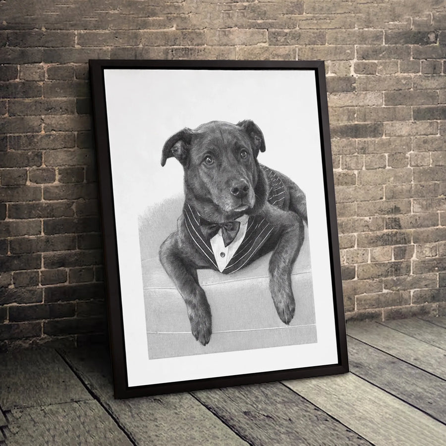 Dapper Dog Wall Art | Elegant Pinstripe Suit & Bow Tie Sketch | Premium Gallery-Wrapped Canvas | Sophisticated Pet Lover Gift Decor