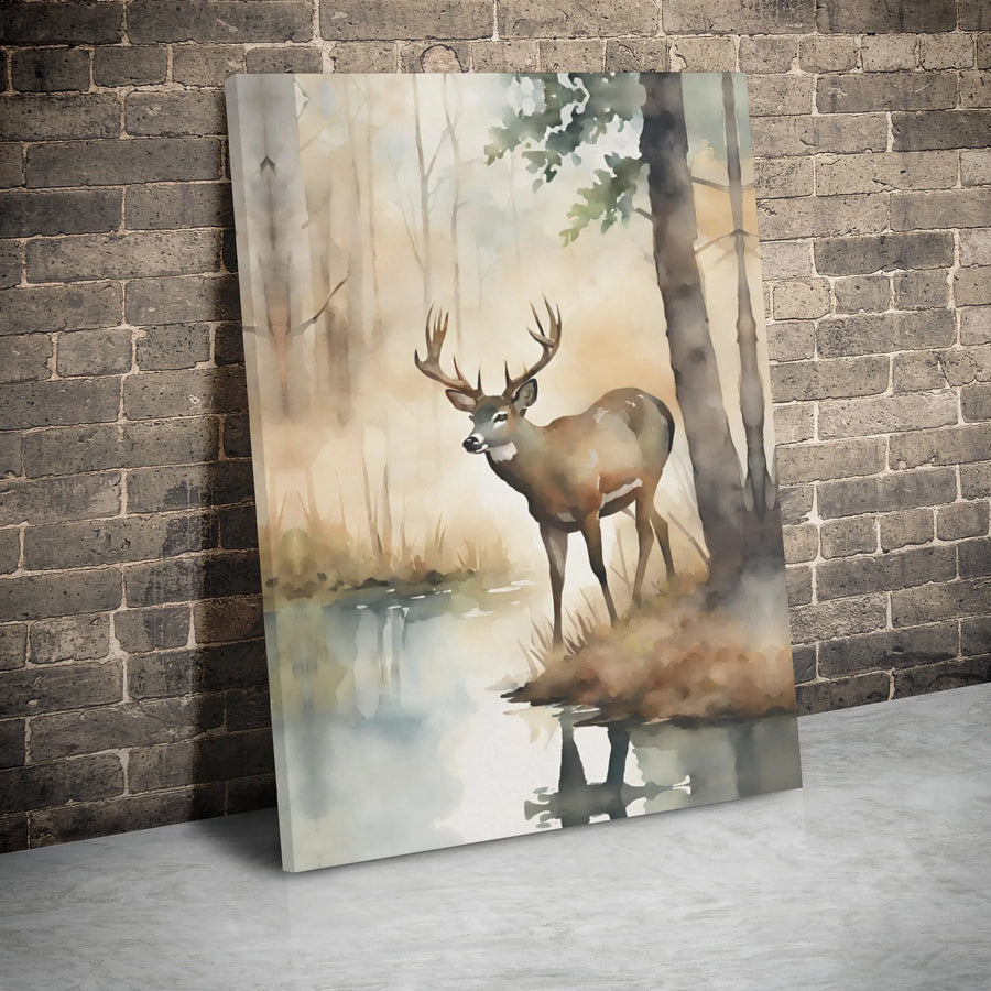 Misty Forest Deer Canvas Print | Watercolor Buck Wall Art | 1.25-Inch Gallery Wrap | Rustic Nature Decor for Living Room Gift