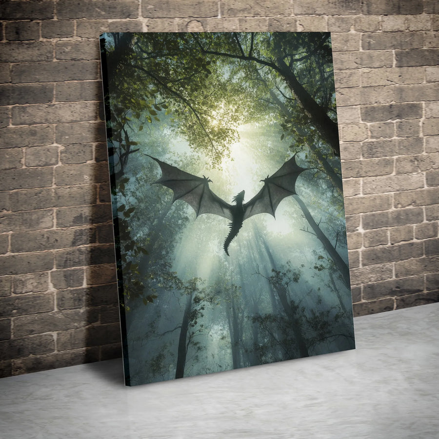 Dragon Canvas Wall Art | Mystical Forest Sunlit Flying Creature Print | Premium 1.25" Gallery Wrapped Decor | Fantasy Gift for Bedroom Office