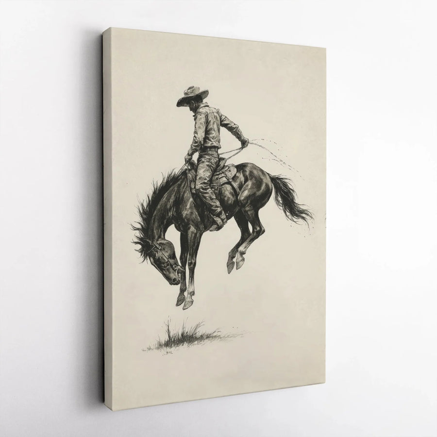 Western Cowboy Bucking Bronco Canvas Wall Art | Vintage Graphite Sketch Style | Premium Gallery Wrap Frame | Rustic Home & Office Decor Gift