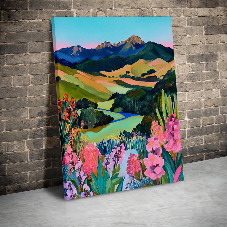Mountain Valley Vertical Canvas | Vibrant Wildflower Landscape Painting | Premium High-Resolution Print | Modern Living Room Wall Art Gift