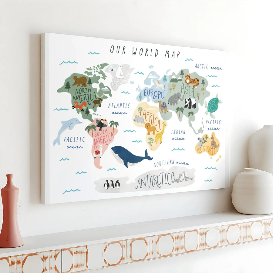 Animal World Map Canvas Wall Art | Educational Illustrated Continents | Premium Gallery Wrapped Print | Nursery & Playroom Decor Gift for Kids