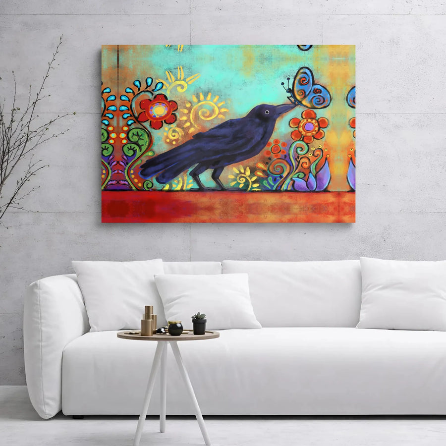 Folk Art Crow Canvas Wall Art | Colorful Butterfly Floral Print | Premium 1.25-inch Gallery Wrap | Whimsical Nature Home Decor Gift for Bird Lovers