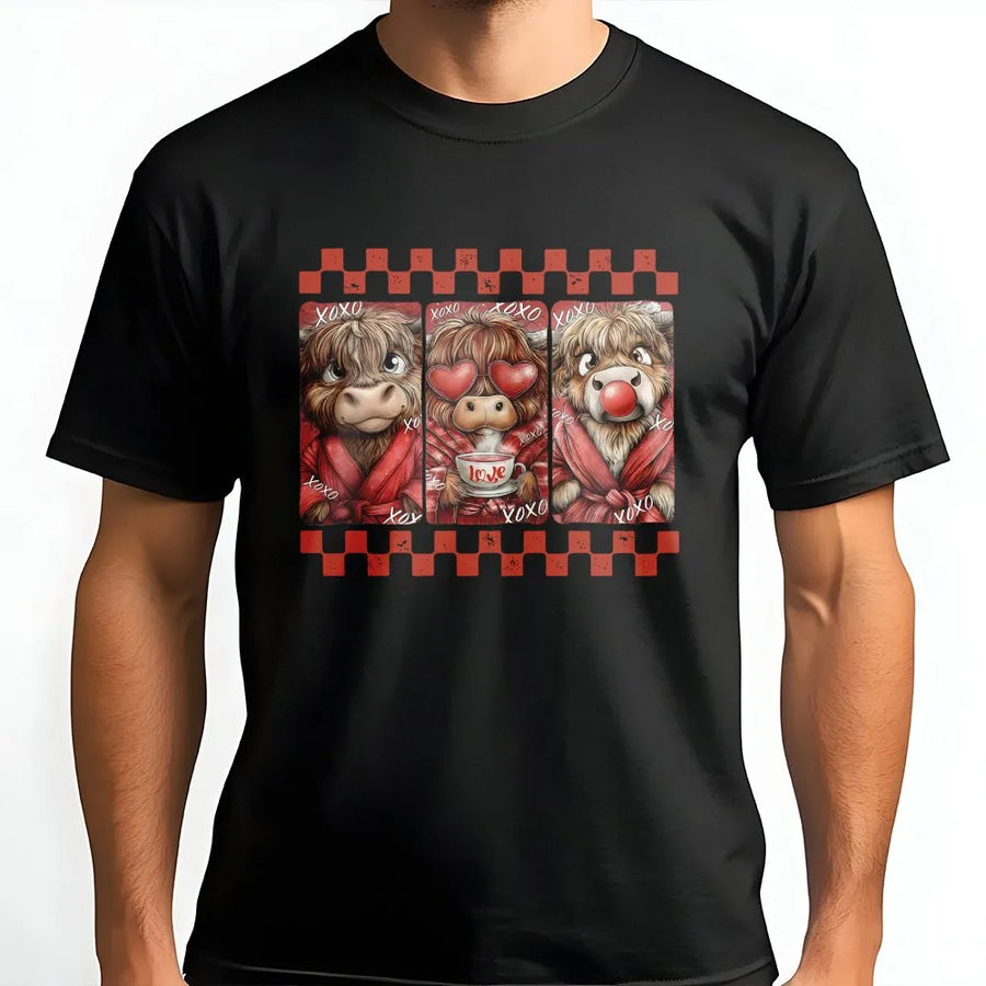 Valentine Highland Cow T-Shirt | Cute Western Hearts Graphic Tee | 100% Cotton Premium Quality | Romantic Valentine's Day Gift for Her