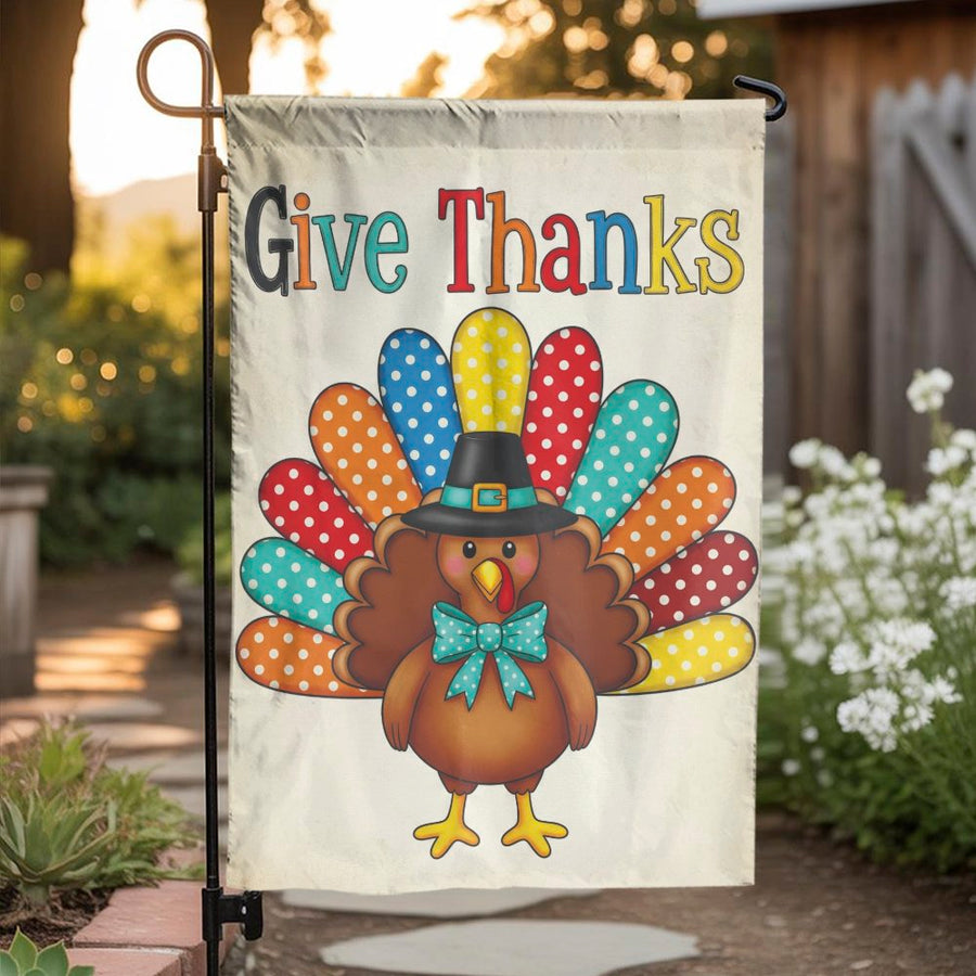 Thanksgiving Garden Flag | Cute Polka Dot Turkey With Pilgrim Hat | Weather-Resistant Polyester | Outdoor Holiday Yard Decor Gift
